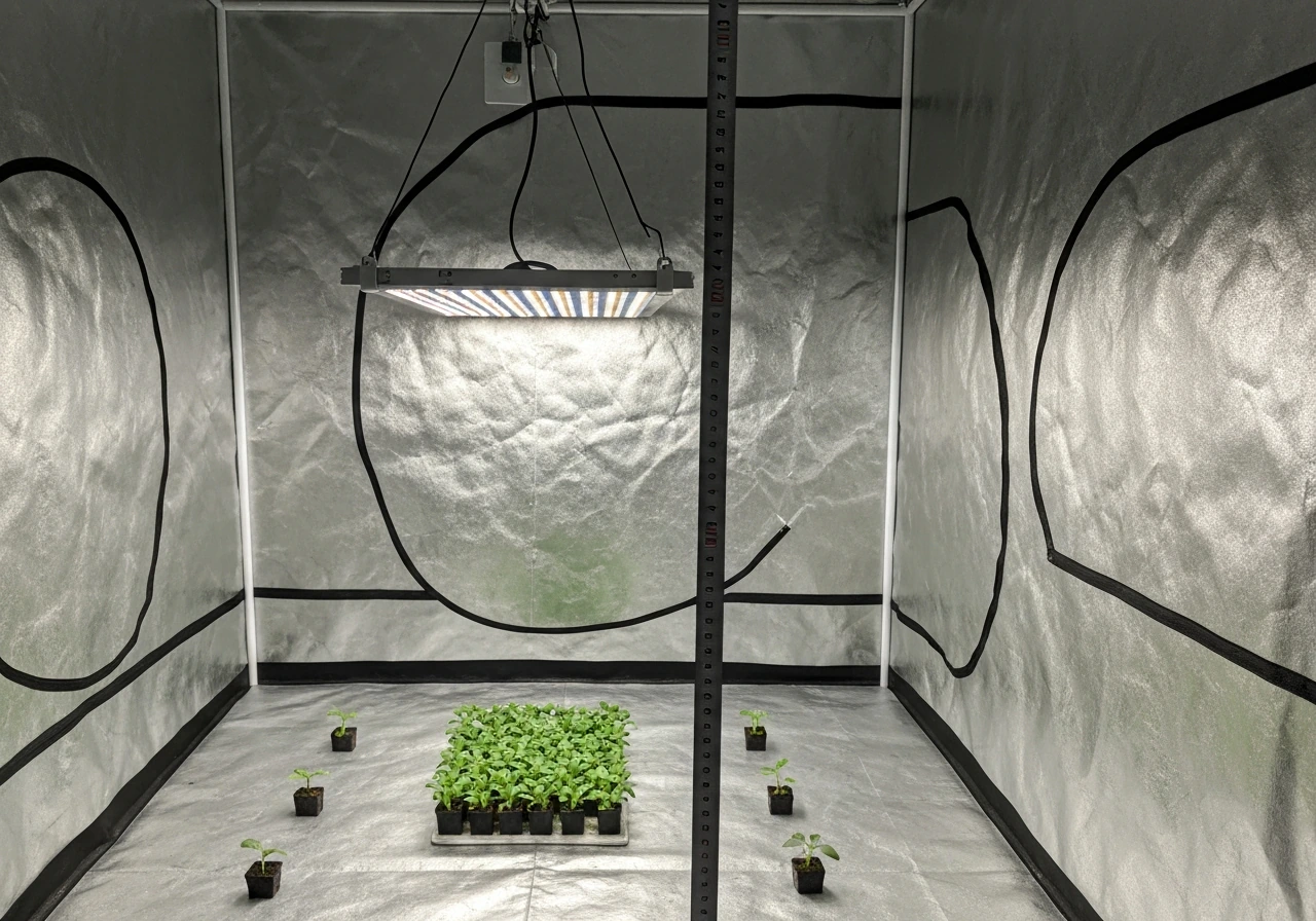 LED grow panel centered over seedlings with a measuring tape reference showing hanging height.