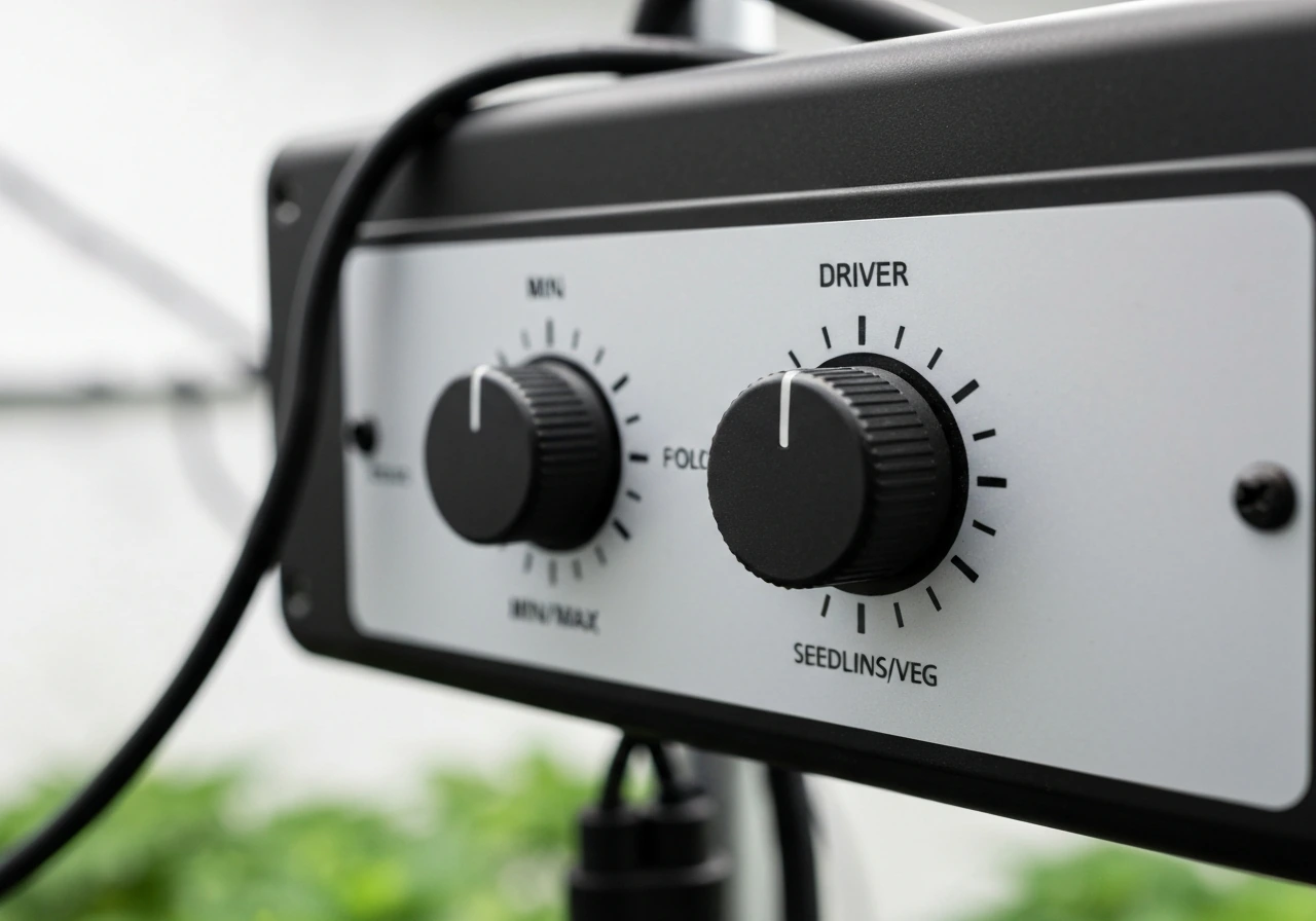 Close-up of a greenhouse LED driver panel showing an intensity rotary knob set to recommended level