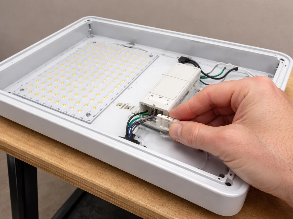 Hand re-seating a multi-pin connector on an open LED panel, with the LED array visible.