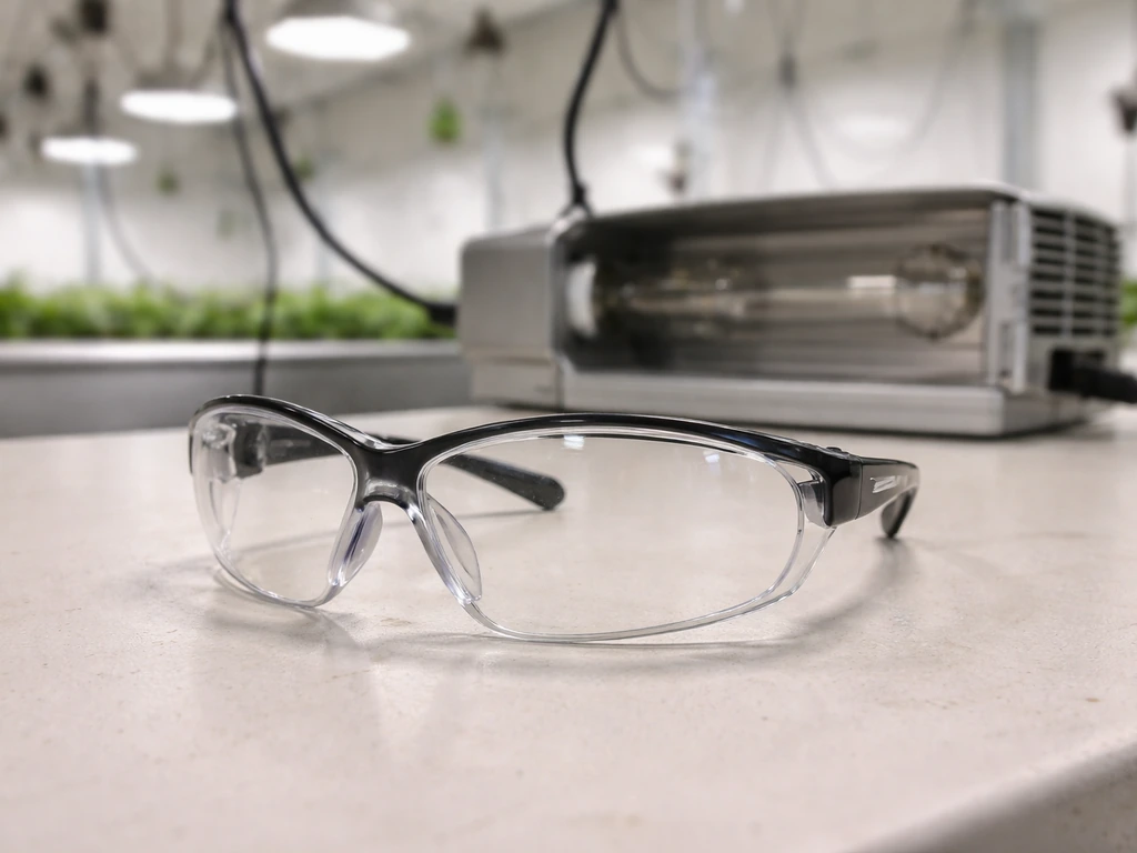 Safety glasses resting beside an indoor HPS light fixture in a grow room.