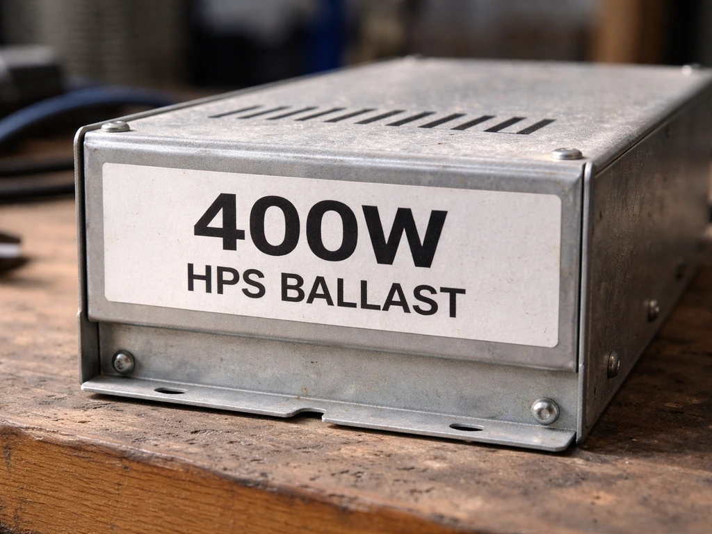 Close-up of an HPS ballast with the wattage rating clearly visible (e.g., 600W).