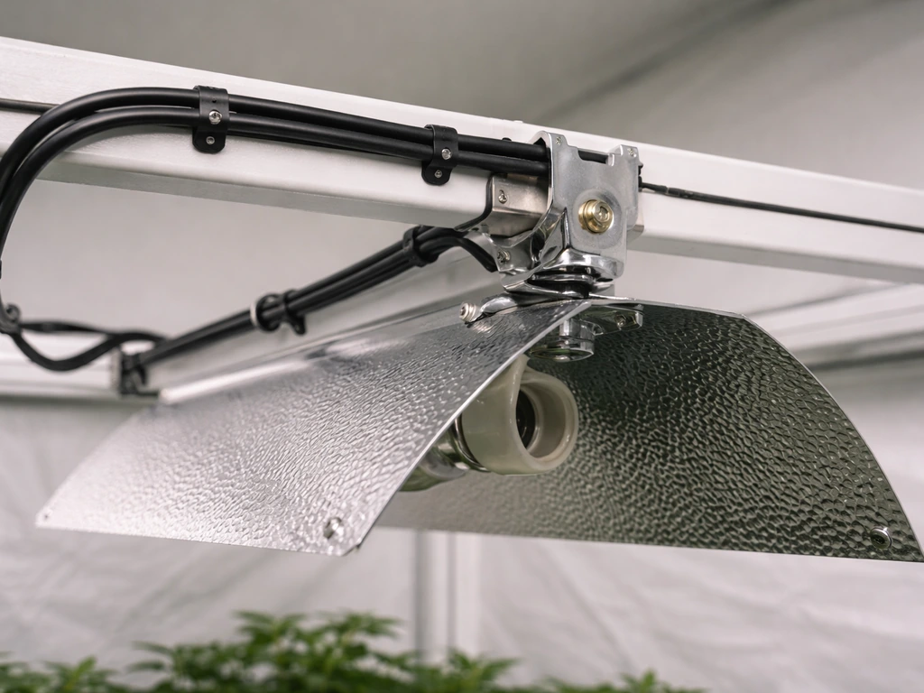 Close-up of a reflector hood mounted bracket with neatly routed electrical wiring over a canopy frame.