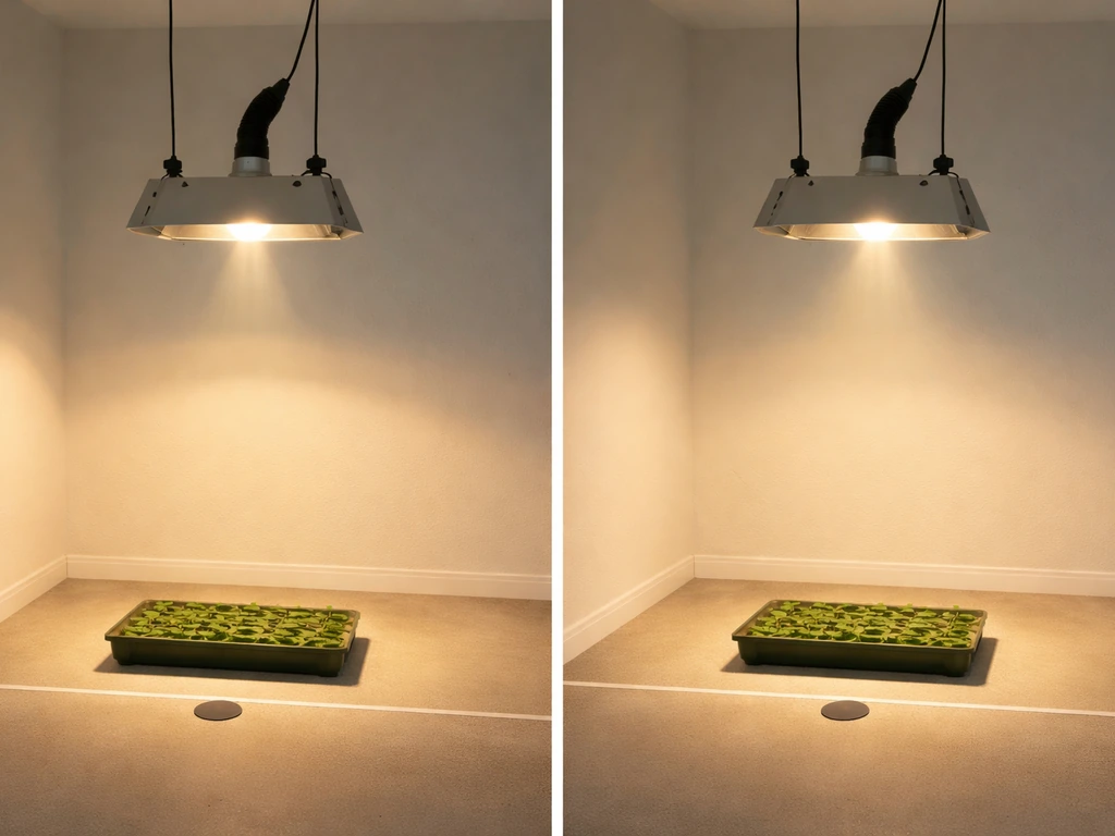 Minimal grow room photo showing an HPS lamp aimed at two heights with floor distance markers and canopy light spread.
