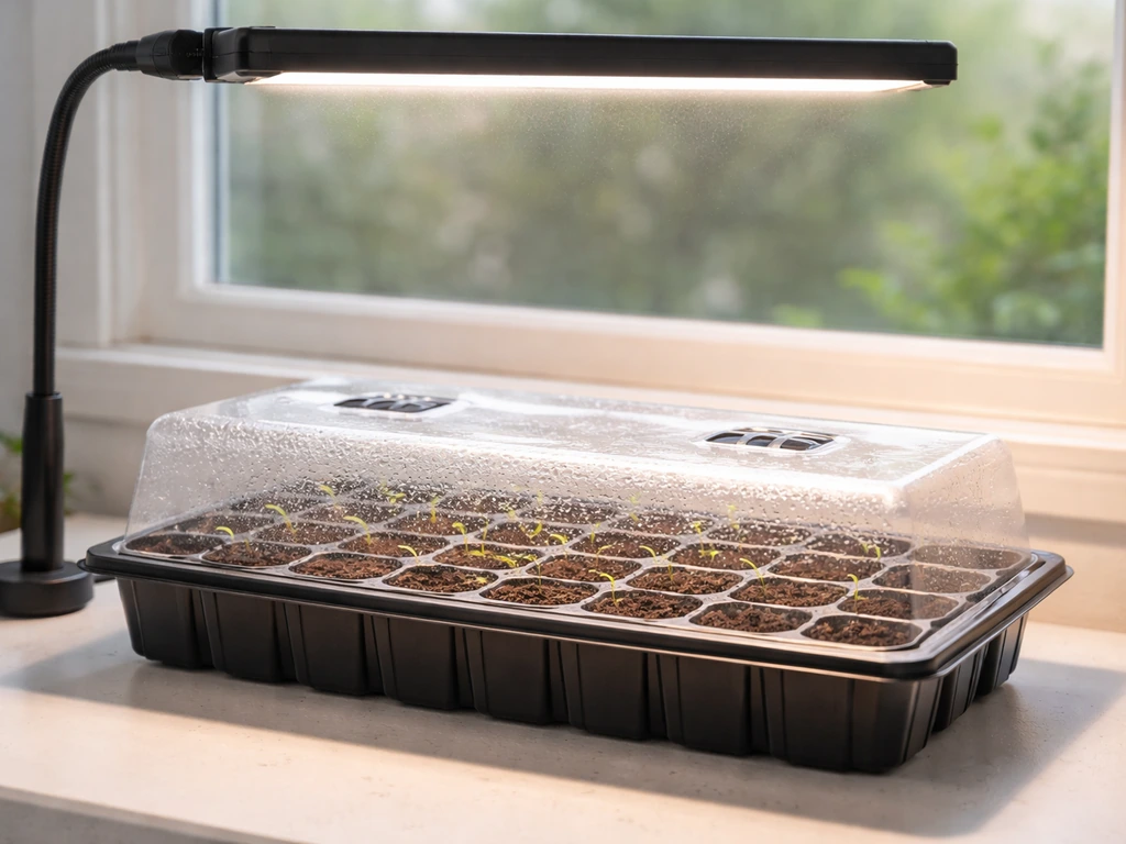 Seed starter tray with humidity dome and cell inserts under a grow light in a tidy indoor setup.