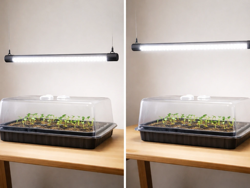 Seed tray under a grow light with the light bottom hovering 2–4 inches above a humidity dome