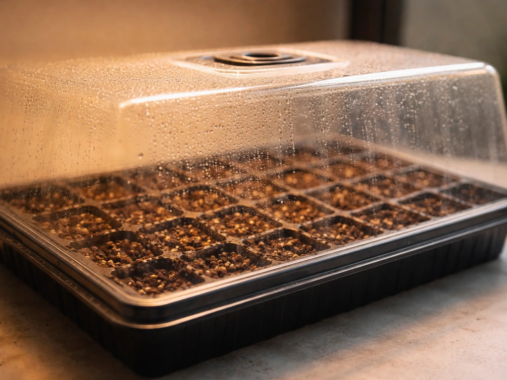 Close-up of seed-starting tray under a clear dome, moist medium with no sprouts yet.