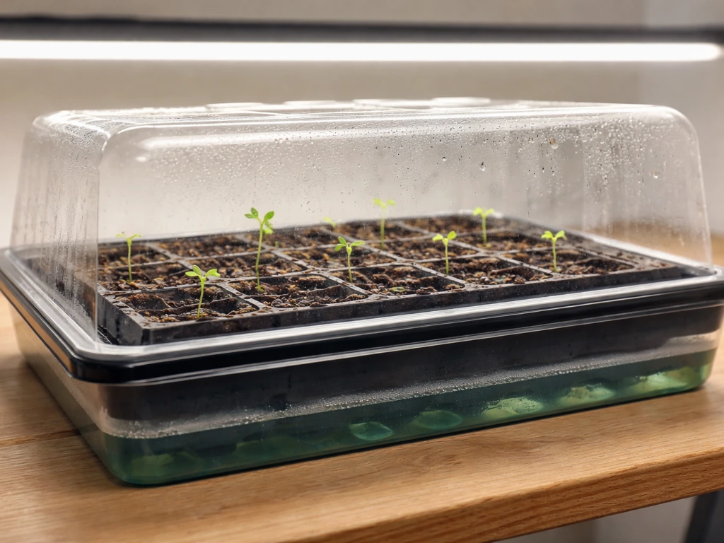 Seedling tray under a humidity dome with water in the base tray wicking up through cell inserts.