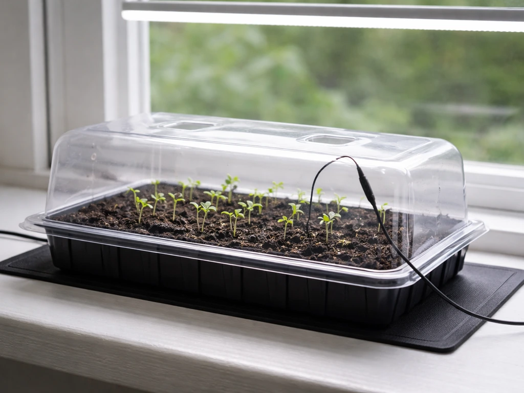 Small seedling setup with heat mat under a clear dome and a thermometer probe monitoring root-zone warmth.