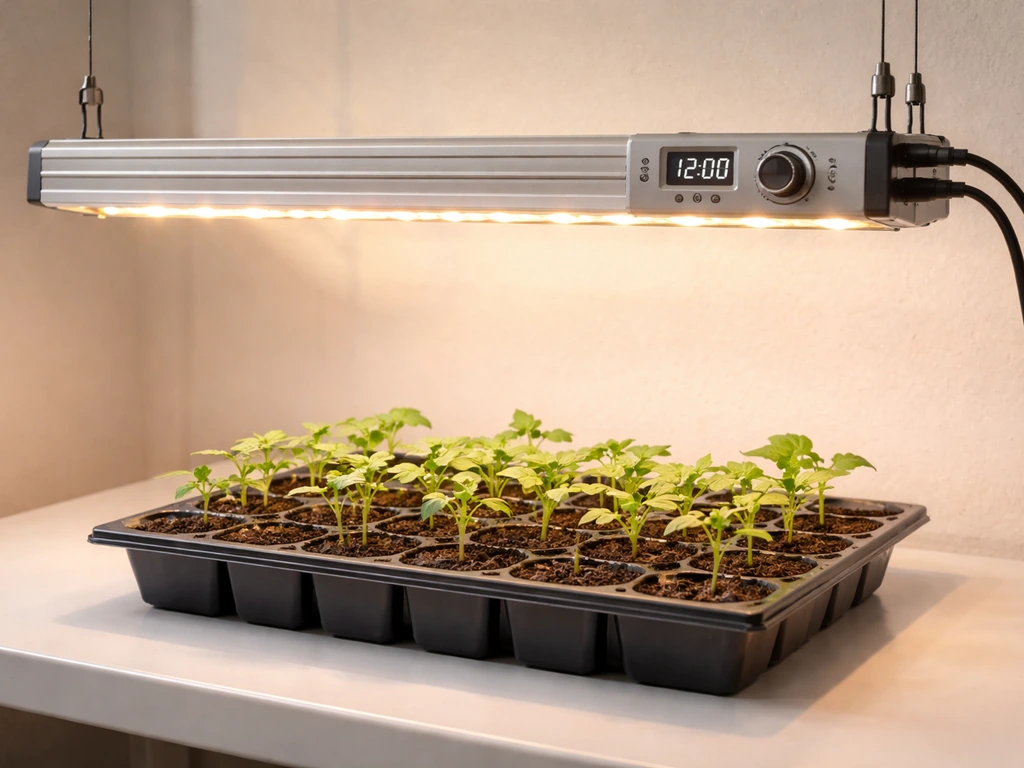 Completed LBW LED grow light setup over seedling tray with timer/dimming controller visible.