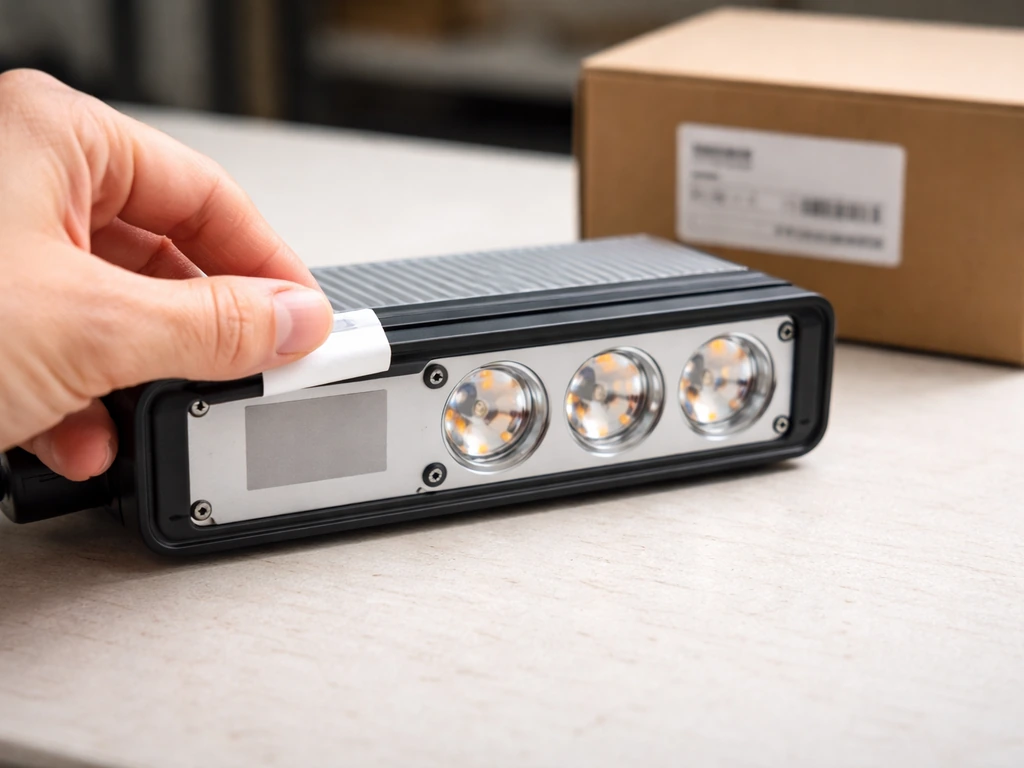 Hand near a grow light’s underside sticker with the product box beside it, close-up and minimal.