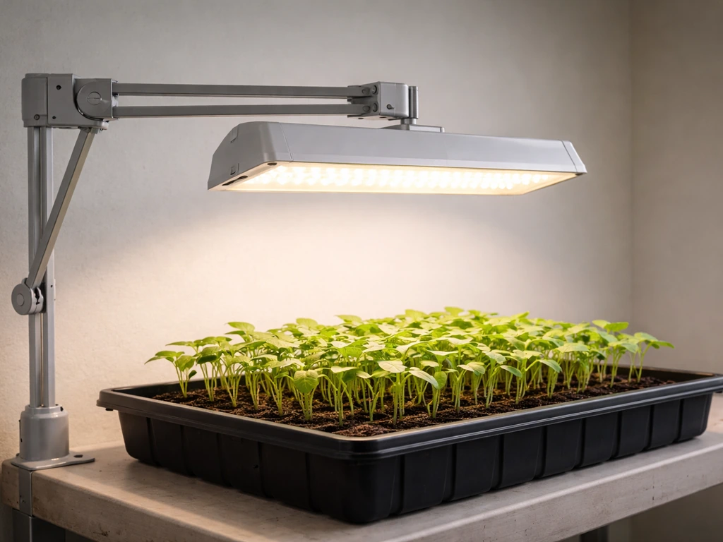 Adjustable grow light mounted above seedling canopy at correct height and downward angle