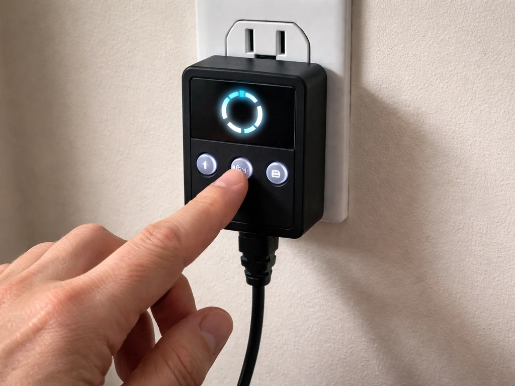 Hands press the timer button on a plugged-in LED light control with the indicator display lit.