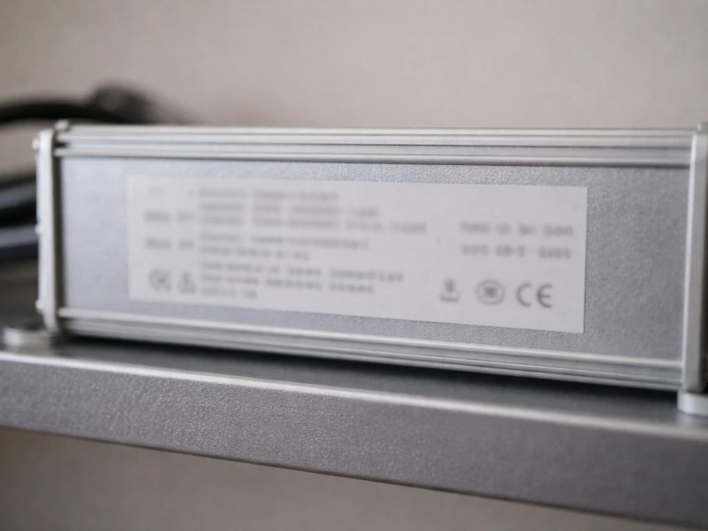 Close-up of a grow light driver label on the widest flat face with visible IC/driver model identifiers.