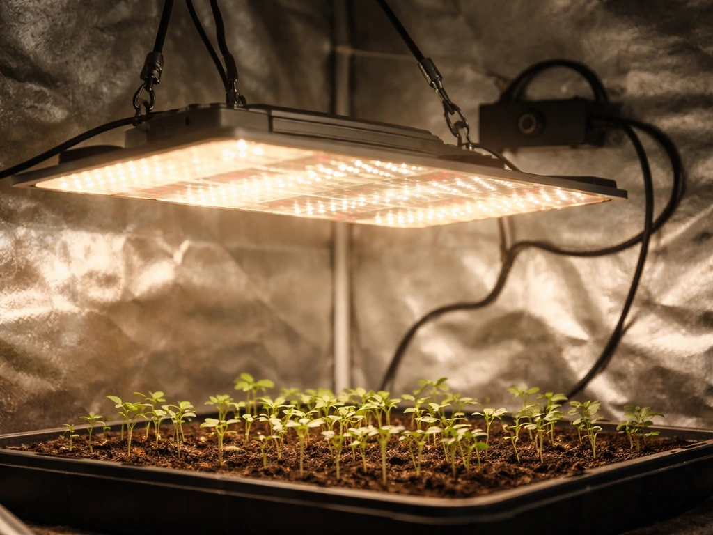 LED grow light over seedlings showing visible flicker with cables and dimmer nearby.