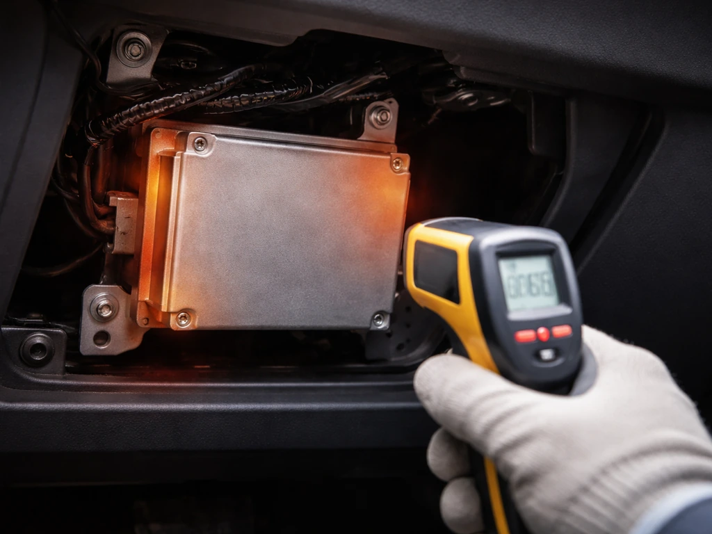 Gloved hand and IR thermometer checking a hot automotive driver housing inside a vehicle panel.