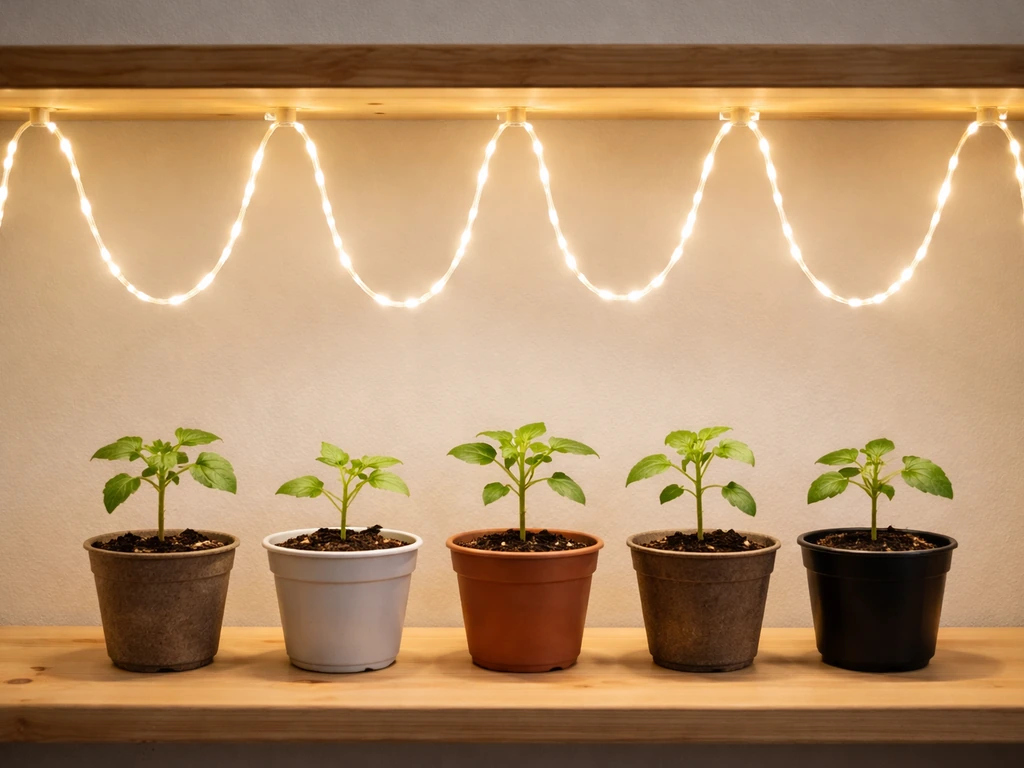 Evenly lit garland grow light loops above seedlings on a simple indoor shelf.