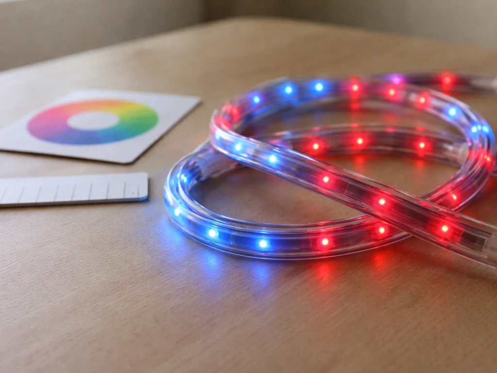 Close-up of a garland grow light showing blue and red LEDs next to a color wheel card.