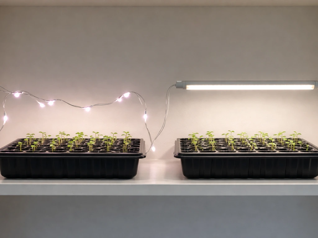 Side-by-side seedlings under an LED garland on one tray and a dedicated LED bar/panel on another.