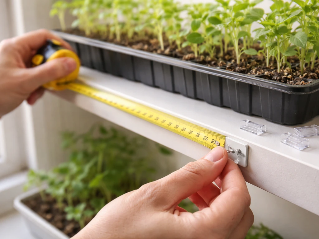 Hands measuring a plant shelf with a tape measure while attaching small adhesive clips for LED garlands.