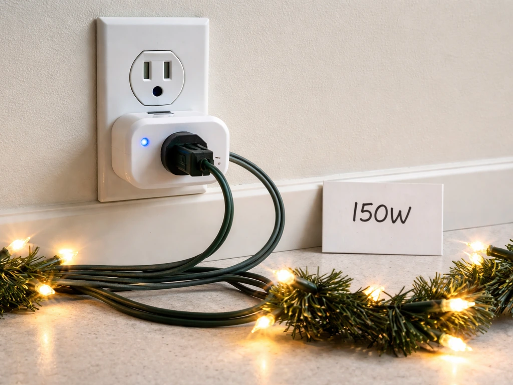 Garland lights plugged into a timer smart plug near a wattage label on a power outlet