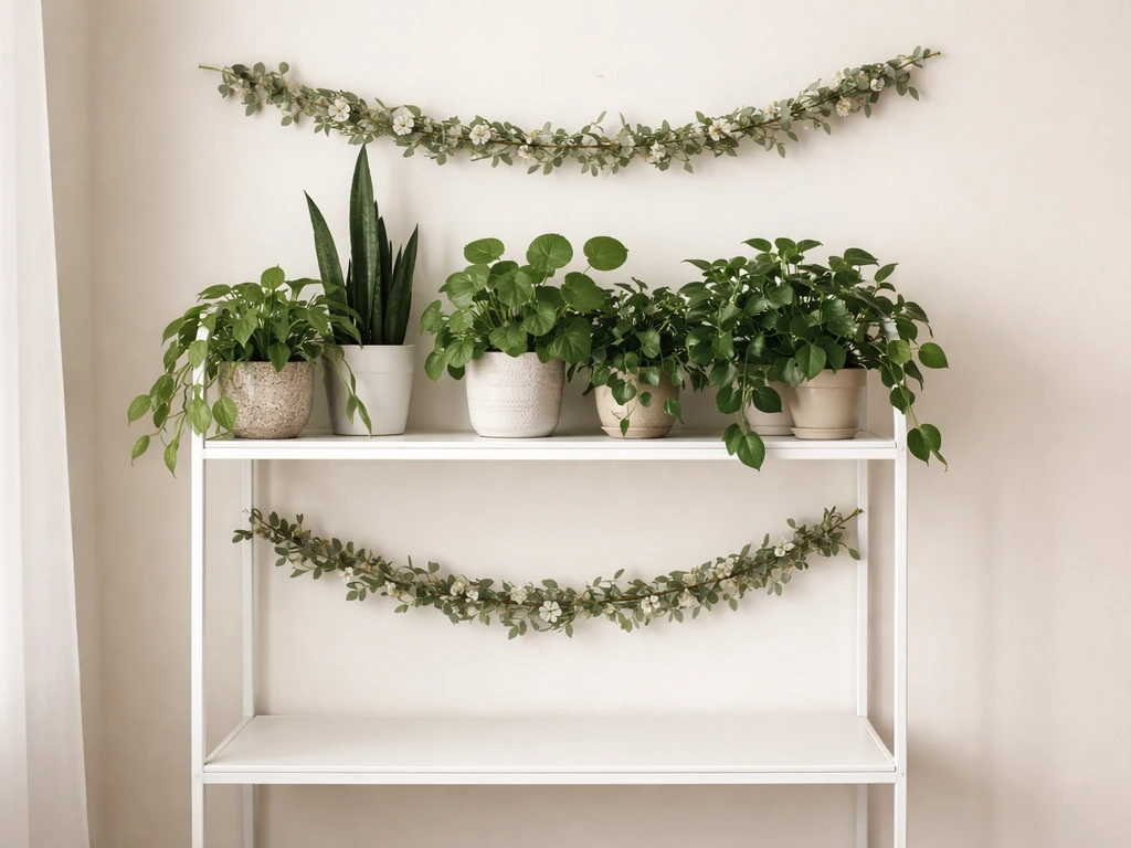 Minimal photo of a two-shelf plant rack with separate garlands hanging at different heights
