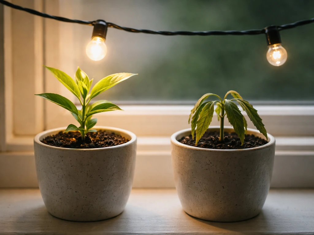 Two nearby seedlings under garland bulbs: one brightly lit under a bulb, the neighbor dimmer.