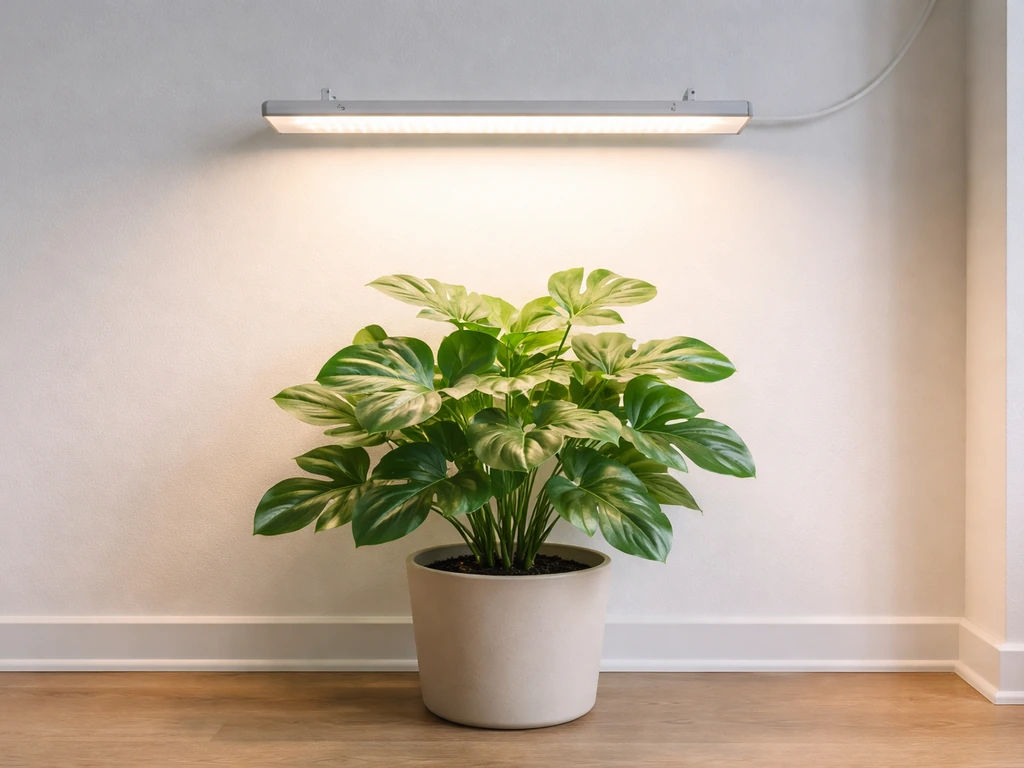 Tidy indoor plant under a centered grow light with neatly managed cables and healthy green leaves.