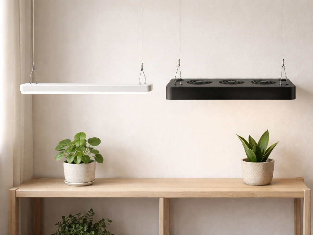 Two grow light fixtures side-by-side: slim matte white bar and bulkier brushed black panel over small plants.