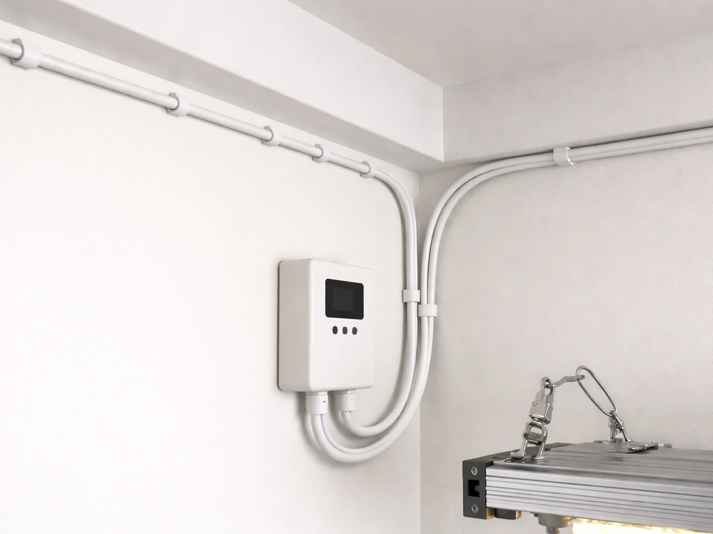 Close-up of tidy grow-light cabling routed along wall edge with clips and a mounted timer controller