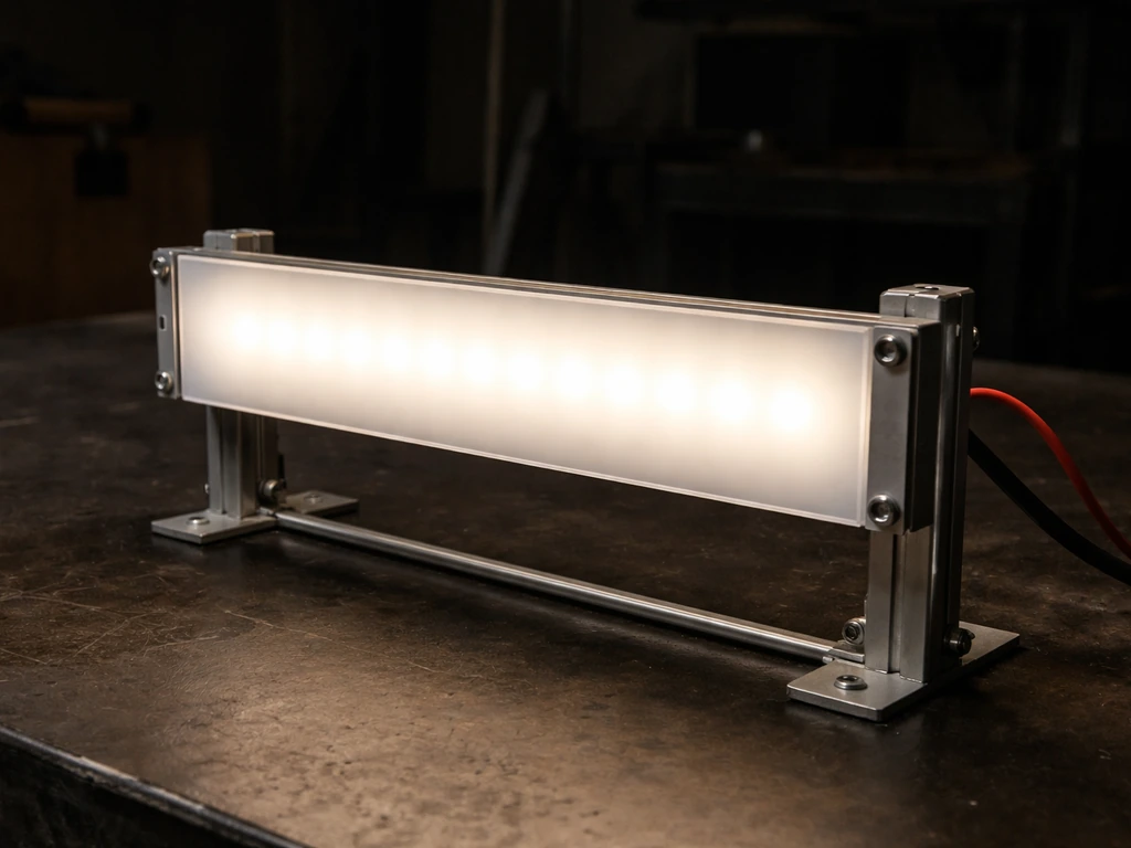 Close-up of an exposed LED bar softened by a frosted acrylic diffuser panel in a simple setup