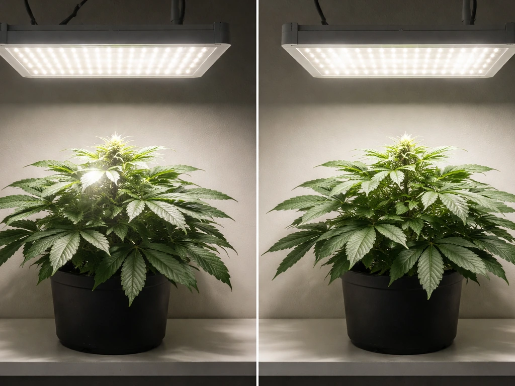 Close-up of grow light over plants showing softened glare and more even illumination after adjustment.