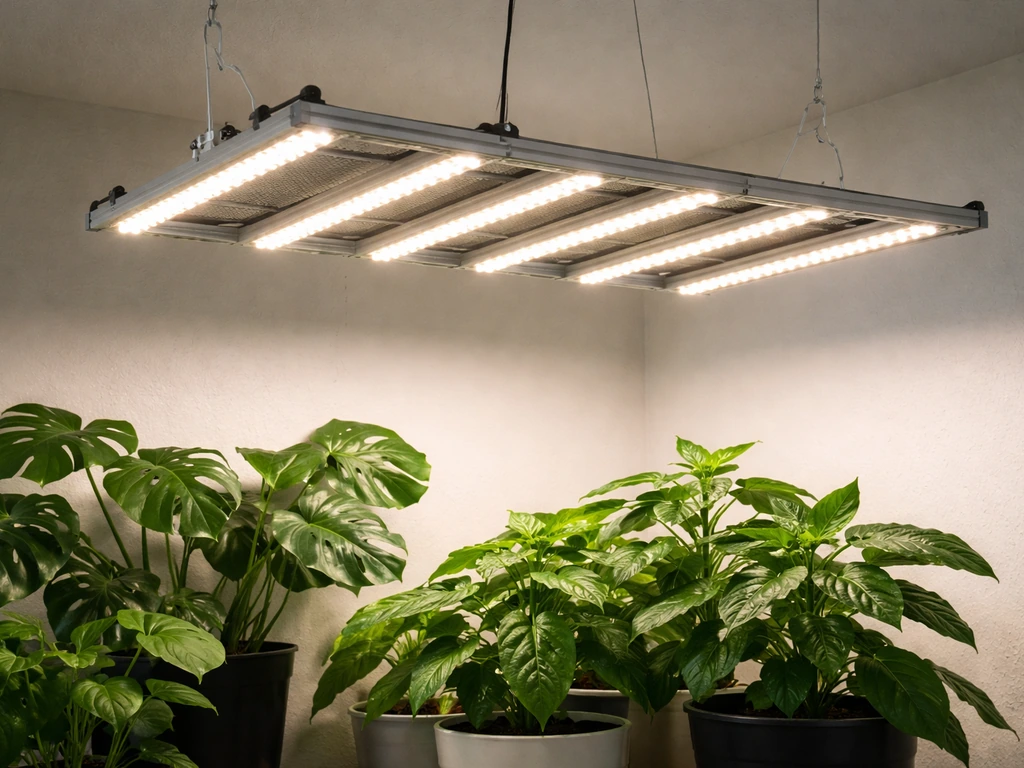 Keelixin full-spectrum LED grow light mounted above indoor plants in a simple grow setup