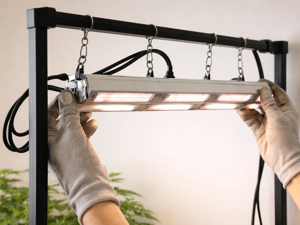 Grow light bar being mounted on an indoor grow stand, with hooks/clips and power cord visible.