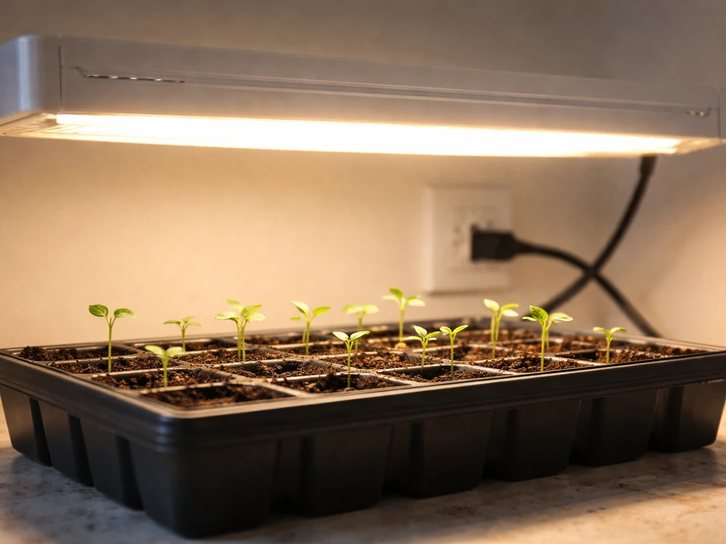Grow light turned on above a seedling tray, casting a visible glow over fresh seedlings.