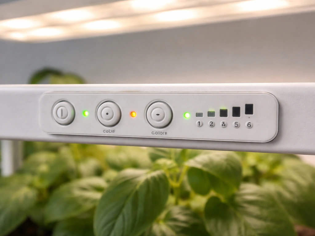 Close-up of grow light control buttons with small indicators, light shining over leafy plants above