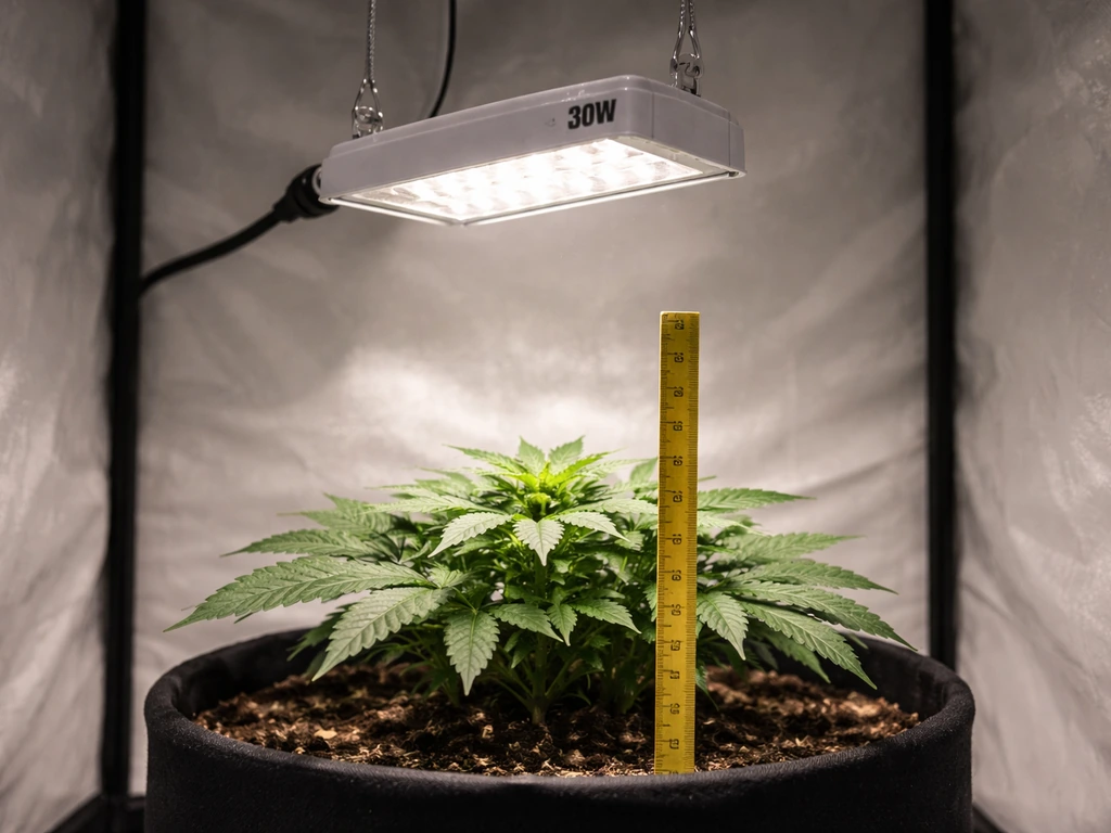Side-angle view of a suspended LED grow light above a plant with a visible tape measure reference.