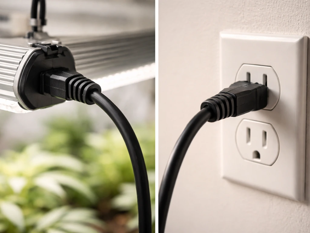 Close-up of a power cord fully seated at both ends near a grow light fixture.