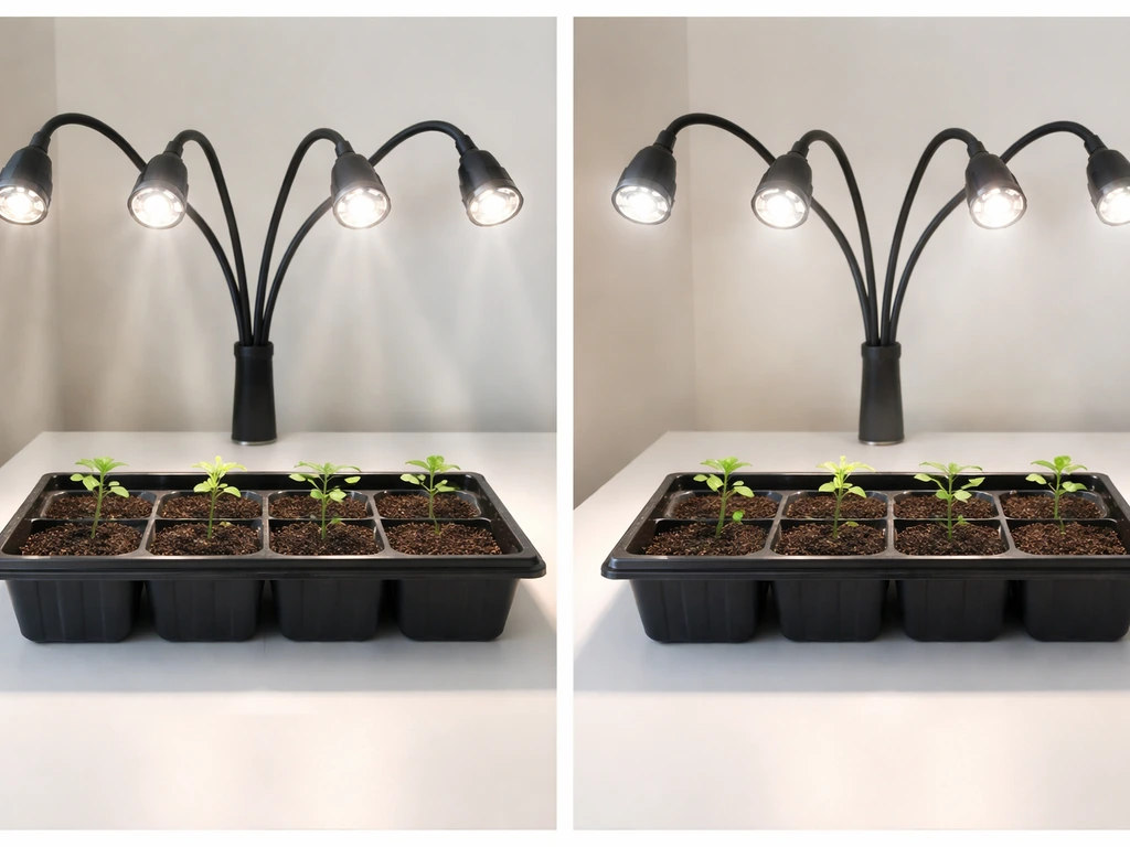 Side-by-side plant tray under grow lights: left has shadows/hot spots, right is evenly illuminated after adjustment.