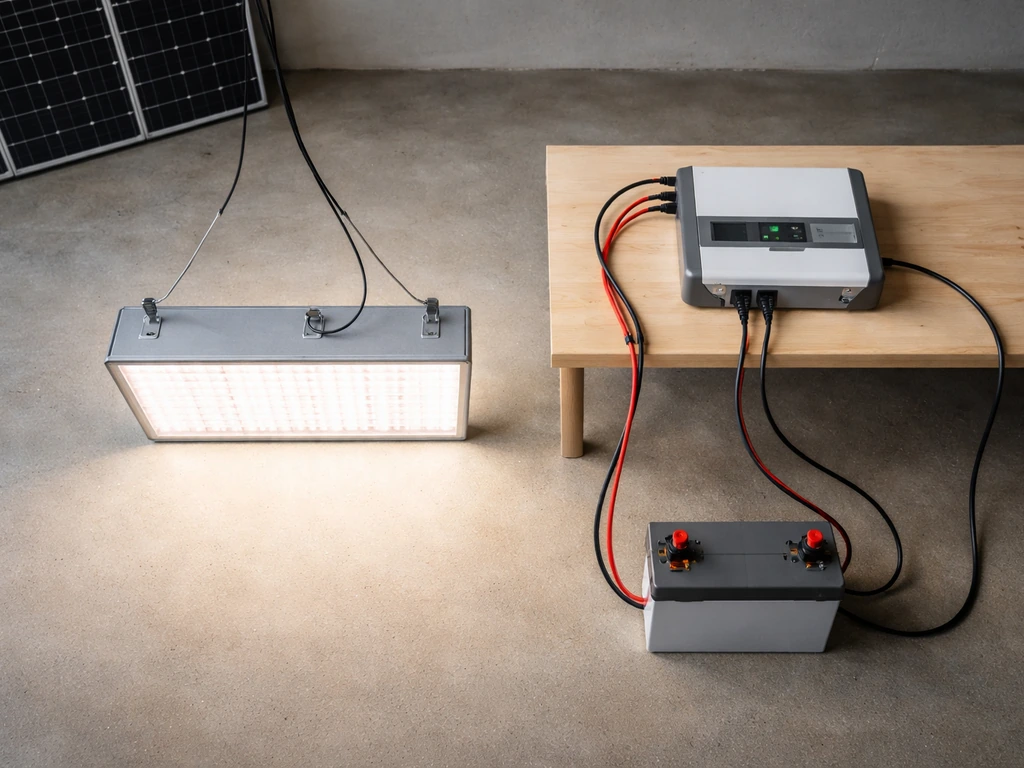 Overhead view of an indoor solar panel grow light setup with wiring, inverter/charge controller, battery bank.