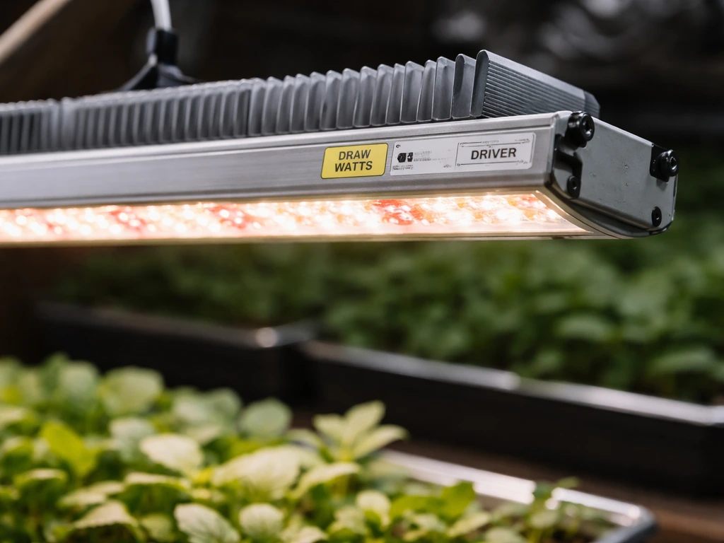 Closeup of an LED grow light fixture over a small grow bed, showing power/driver details on its housing.
