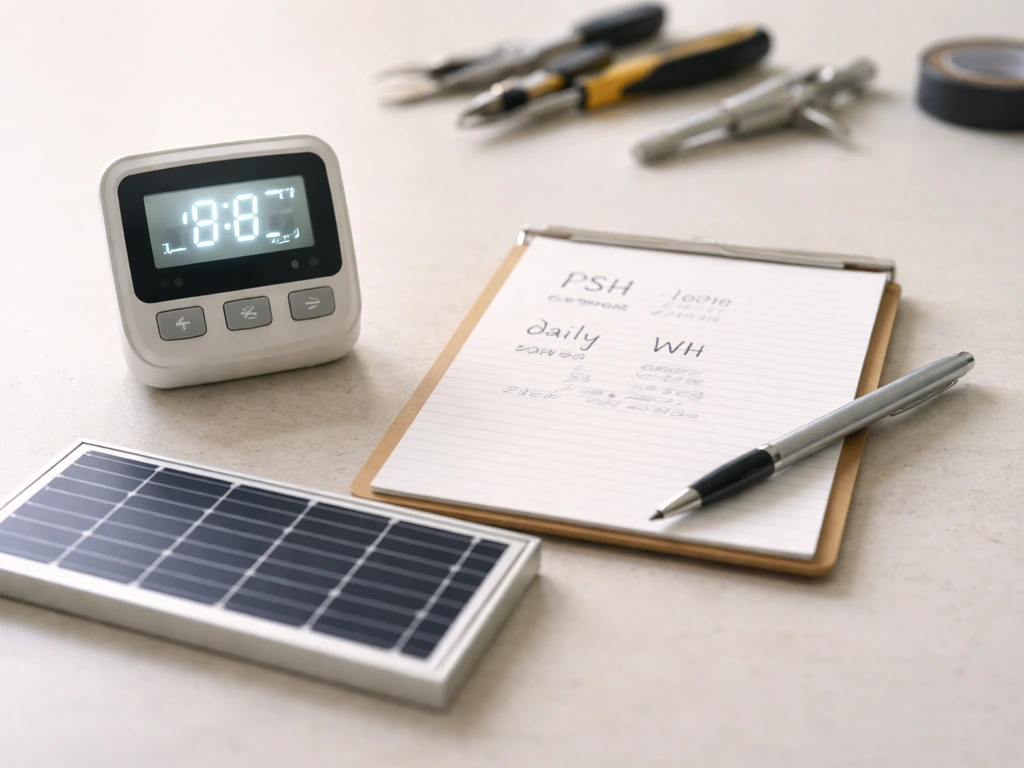 Workbench with a solar energy monitor, notepad showing peak sun hours and daily Wh, and a small solar panel for scale