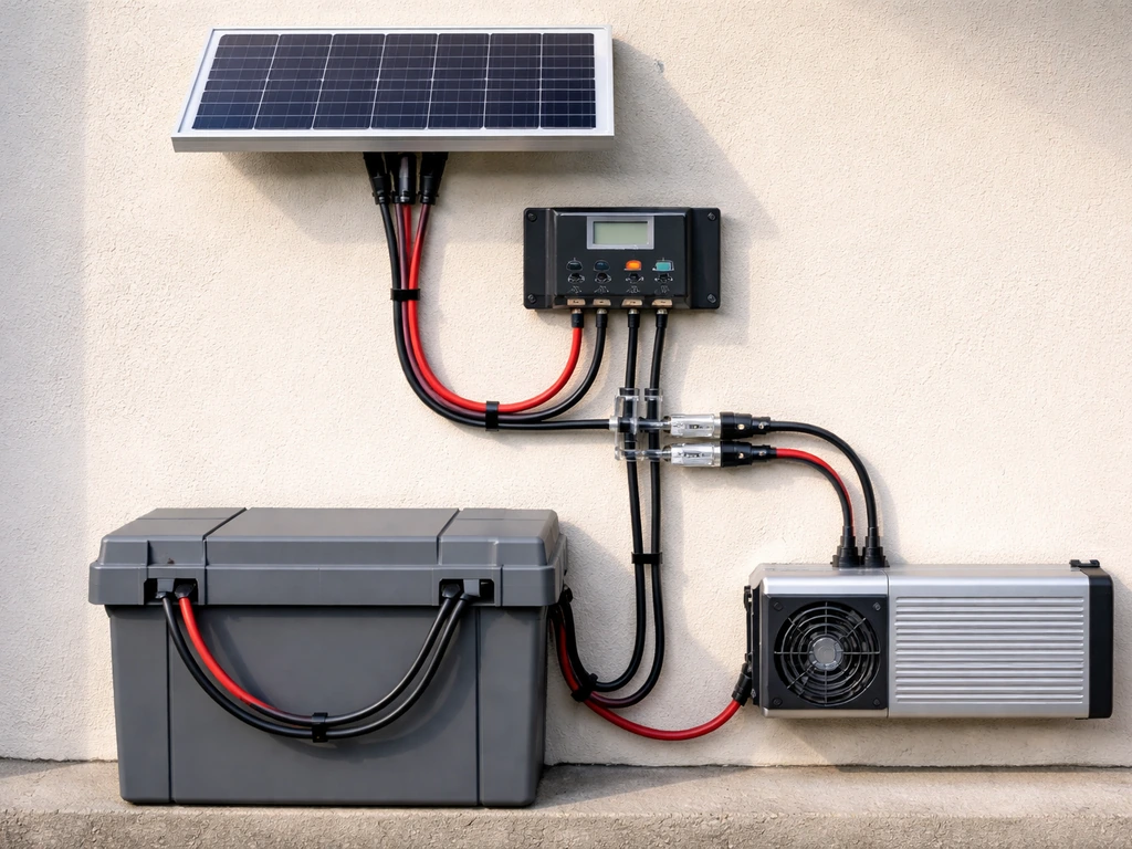 Close-up of safe solar wiring from panel to charge controller, battery, and inverter with neat cables.