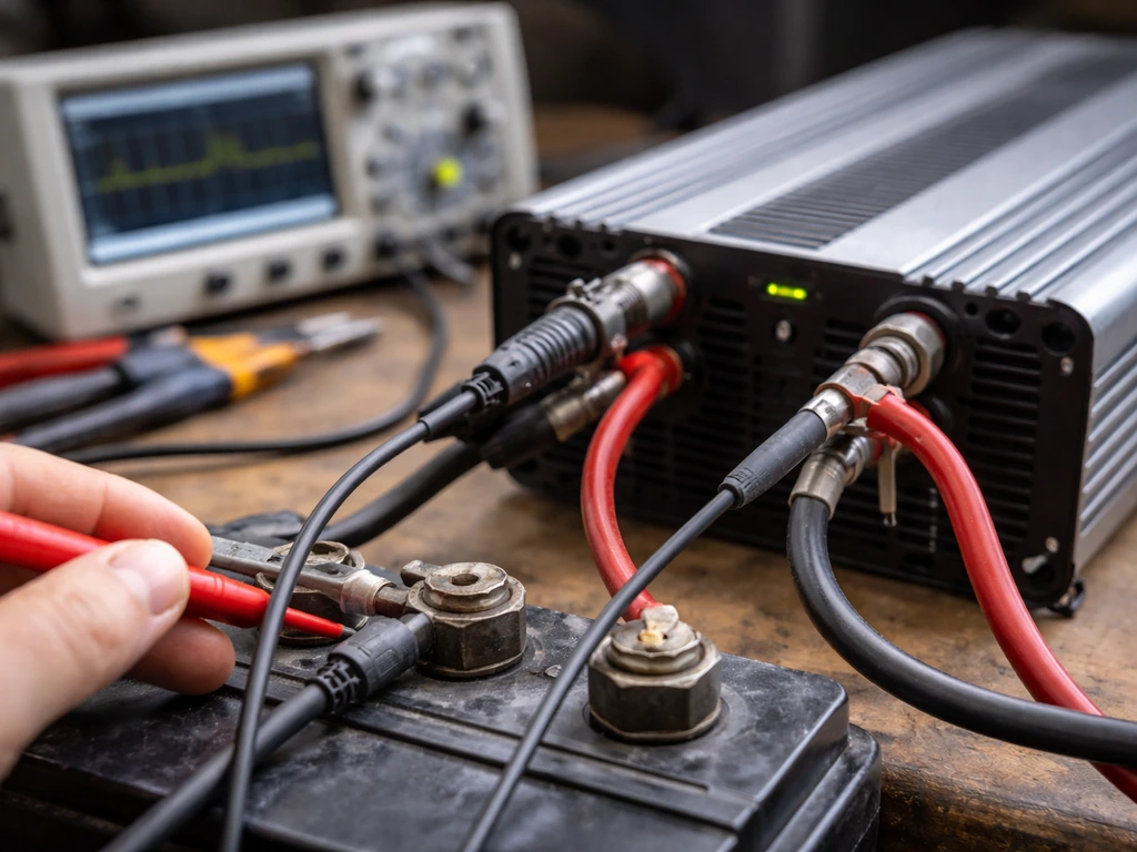 Bench troubleshooting scene with inverter, battery leads, multimeter and oscilloscope probes near terminals.