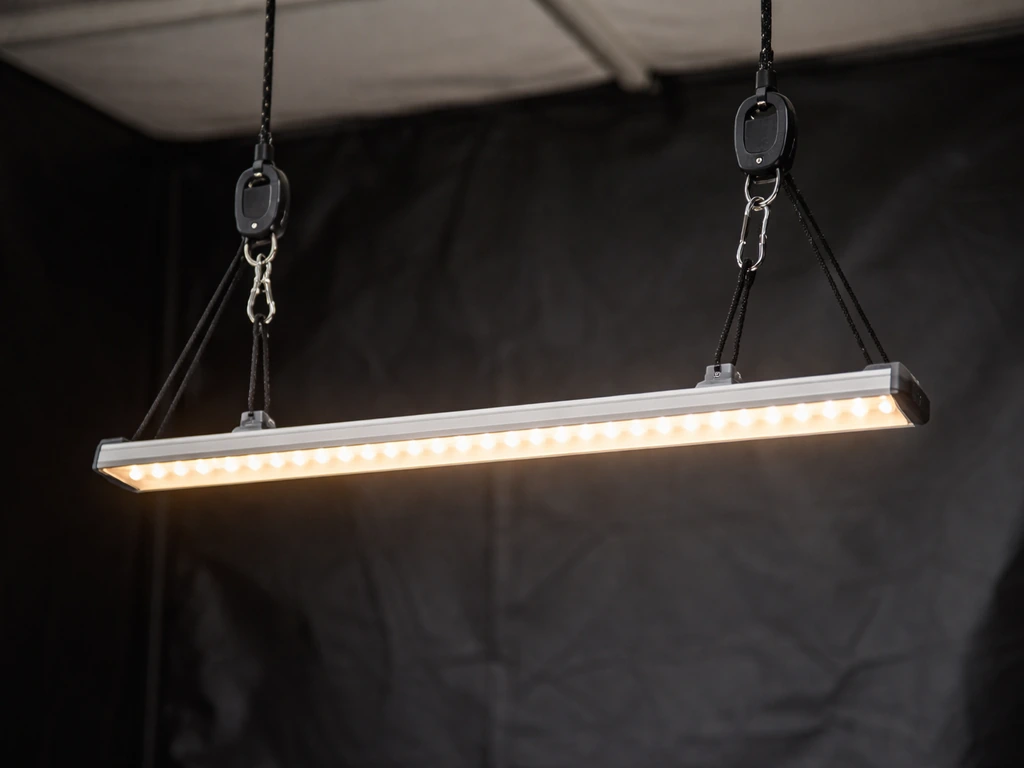 Rope ratchets hanging a bar-style grow light from an overhead support in a simple indoor grow setup