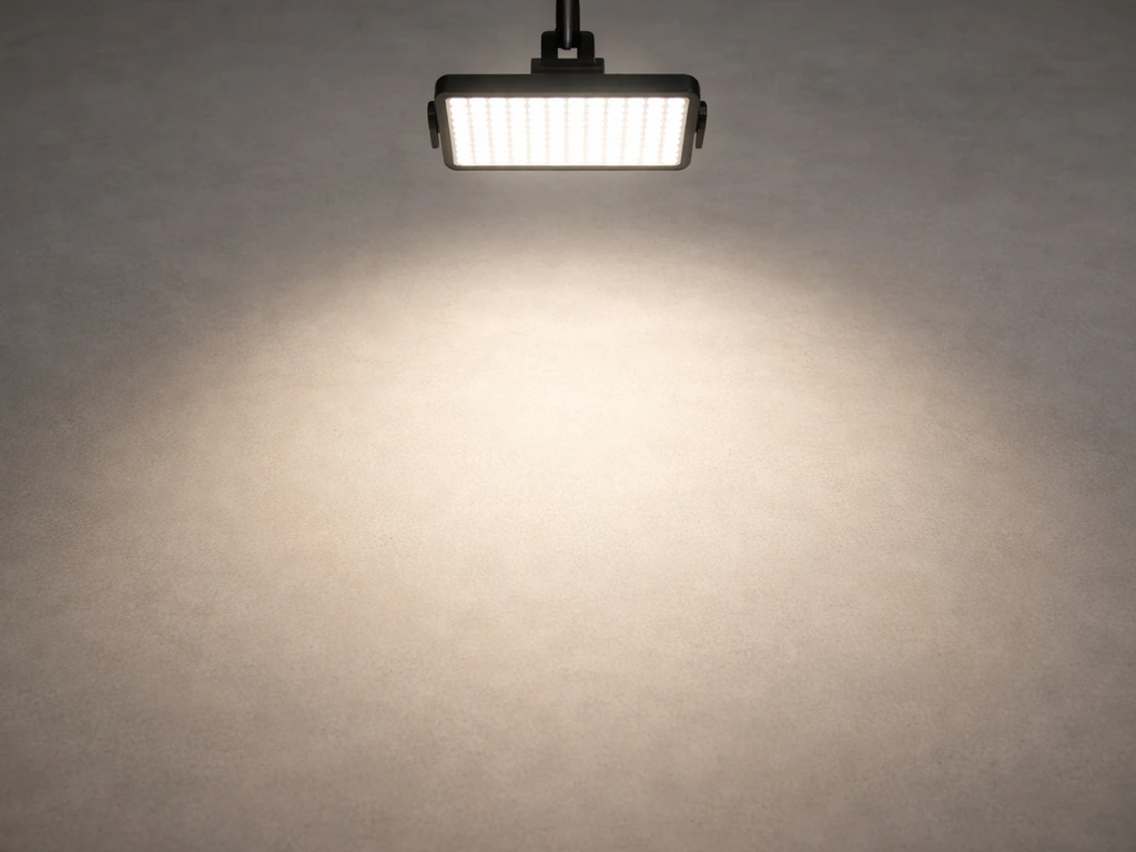 Top-down view of a hanging LED panel casting a clear illuminated footprint on a plain floor.
