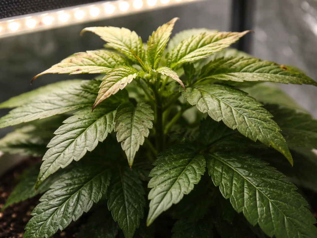 Close-up of leafy houseplant under grow lights: healthy tops with nearby light-burn/heat-stress patches