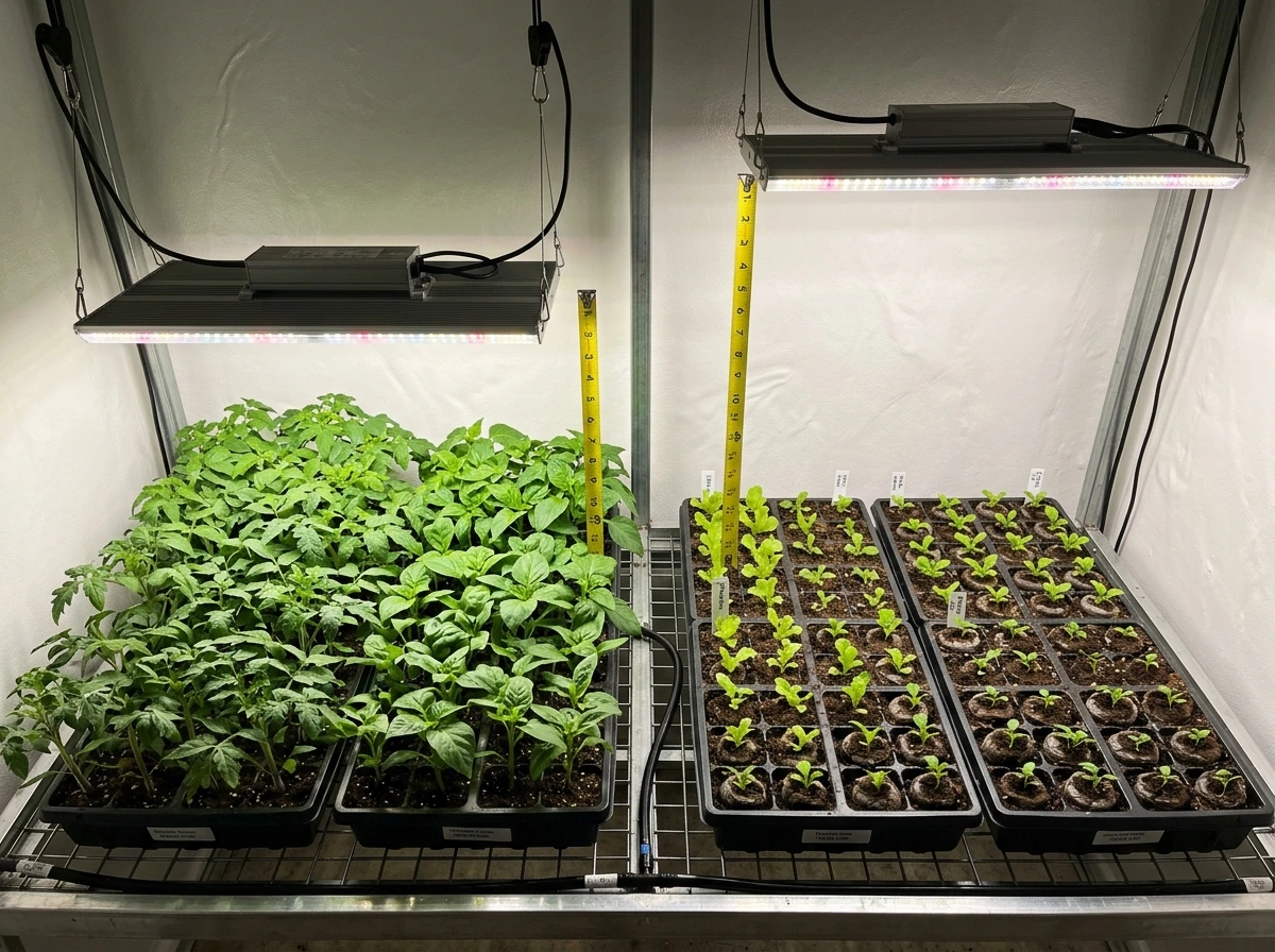 Seedlings vs transplants showing different intensity needs under a grow light at different heights.