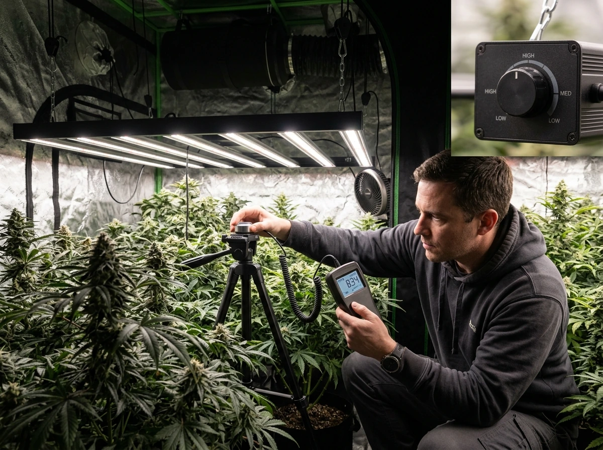 Measuring PPFD at canopy height with a sensor under a dimmable grow light.