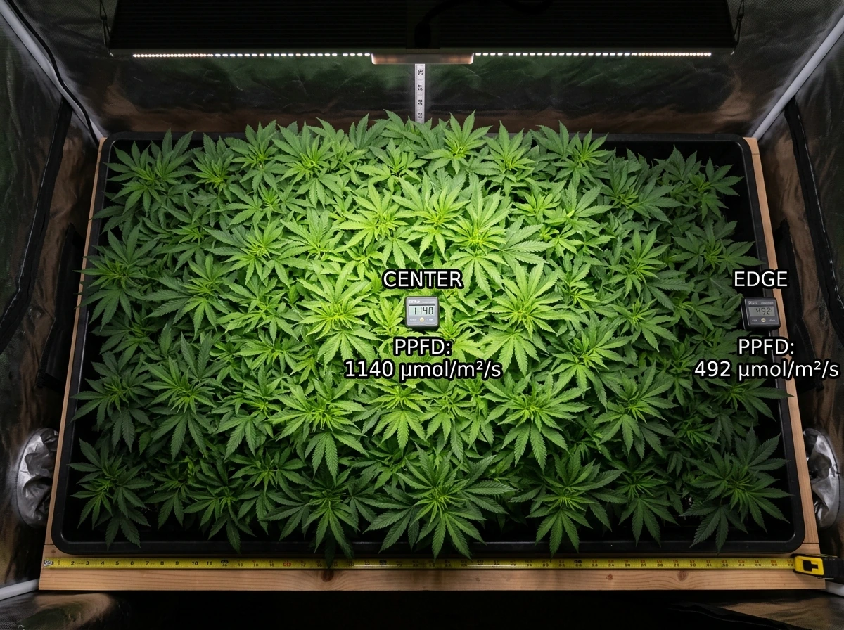 Center vs edge canopy under uneven light spread from a grow light.