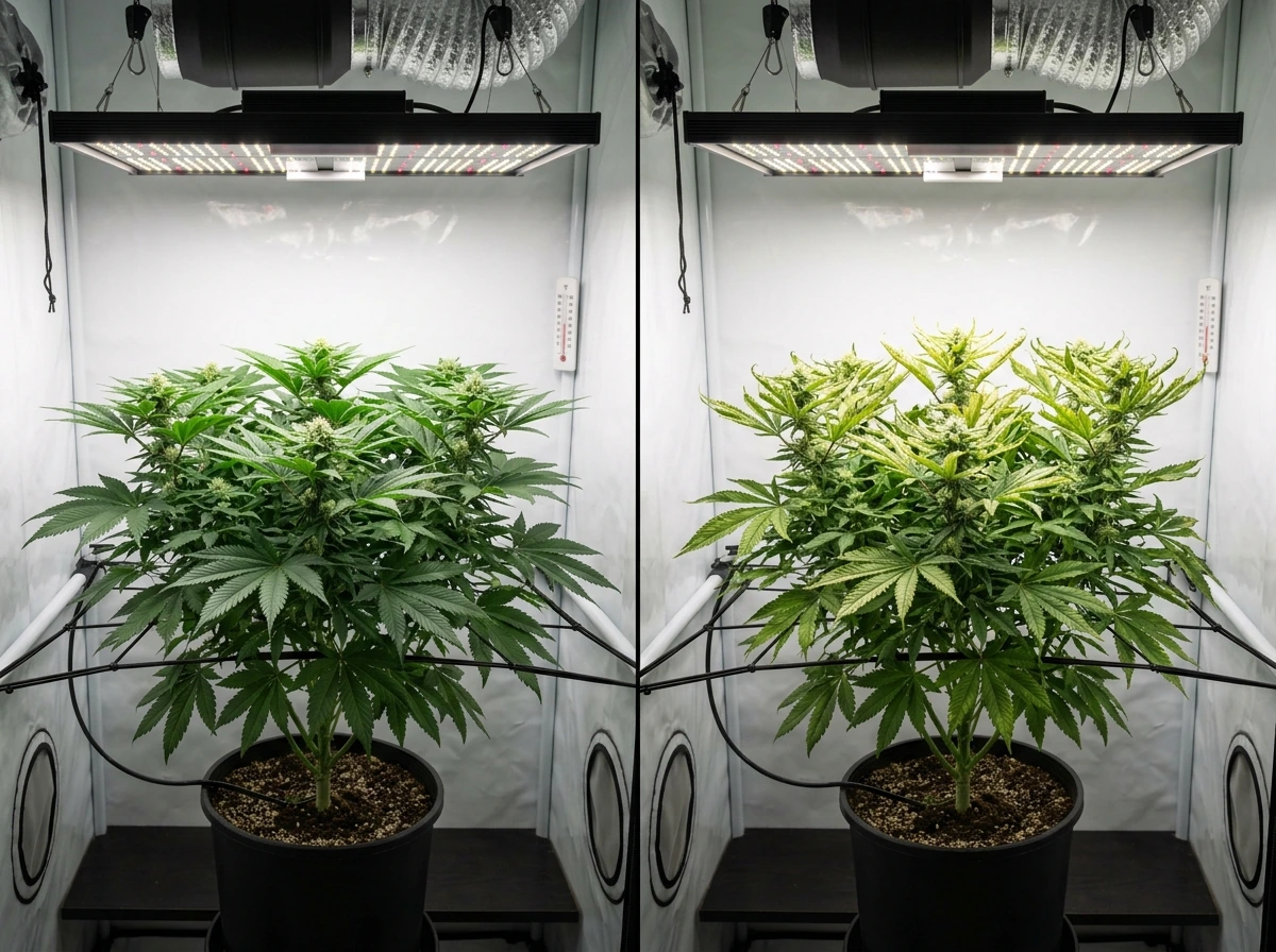 Side-by-side comparison of healthy vs over-lit plant leaves under a grow light.